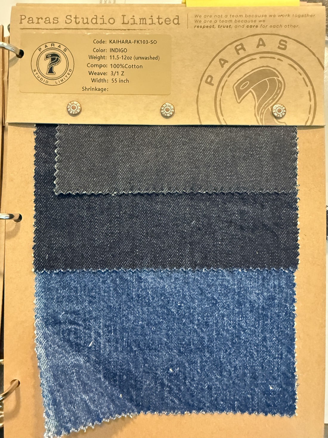 PSL fabric swatch card KAIHARA-FK103-SO, Indigo, Japan