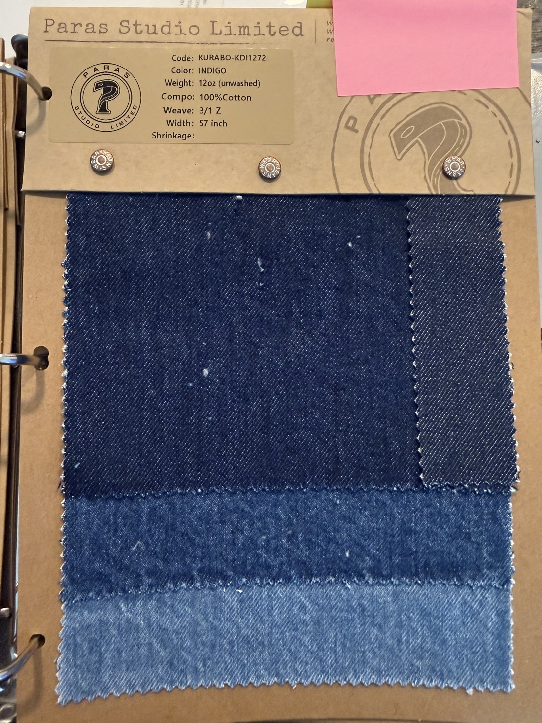 PSL fabric swatch card KURABO-KDI1272, Indigo, Japan