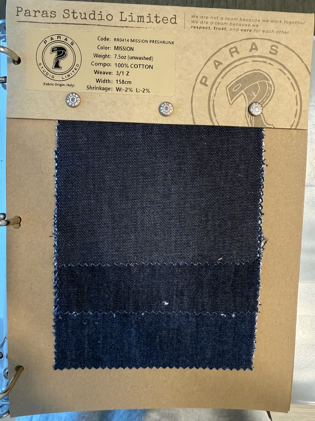 PSL fabric swatch card RR0414 MISSION PRESHRUNK, Mission Blue, Italy