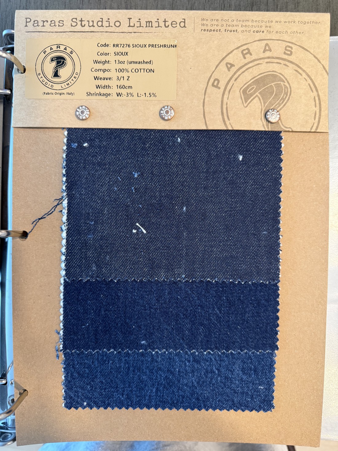 PSL fabric swatch card RR7276 SIOUX PRESHRUNK, Sioux Blue, Italy